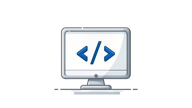 Modern silver computer monitor displaying blue angled code brackets