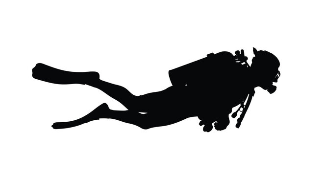 A scuba diver in a dynamic pose captured as a striking silhouette