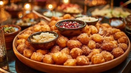 Obraz premium A large communal platter of loukoumades soaked in syrup and dusted heavily with cinnamon, surrounded by small bowls of toppings in warm festive evening light