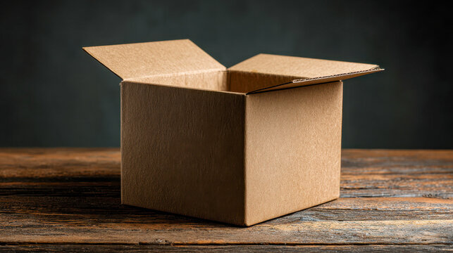 A blank open cardboard box placed on a rustic wooden surface with a dark blurred background, symbolizing packaging and shipping concepts
