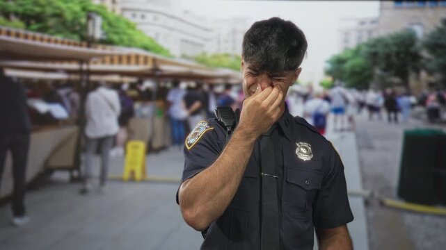 Man police officer in uniform pinching nose while holding notepad and pen at busy street market; disgust concern.