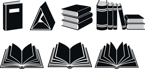 Black-and-white vector illustration of books in various arrangements, closed, stacked, standing, and open with stylized pages