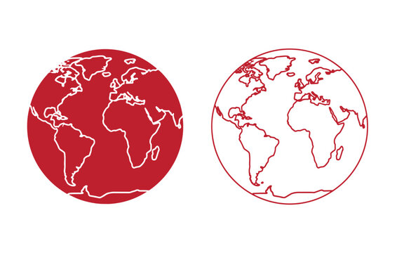 Red globe two maps in white and red fill, side by side earth