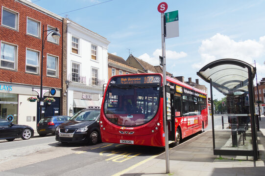 Red, Carousel bus at bus stop in High wycombe, Buckinghamshire, England