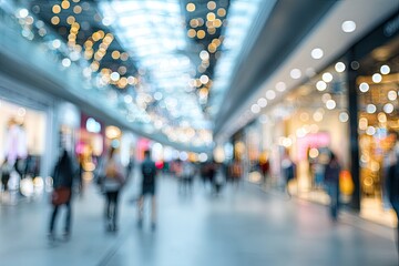 Fototapeta premium Soft focus view of a bustling indoor mall atrium with many shoppers and lights
