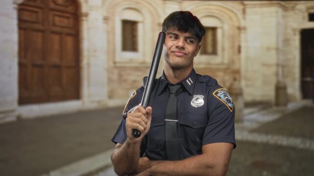 Man police officer holds baton at shoulder with forearm visible, radio mic and badge shown on dark blue uniform on street; confidence duty.
