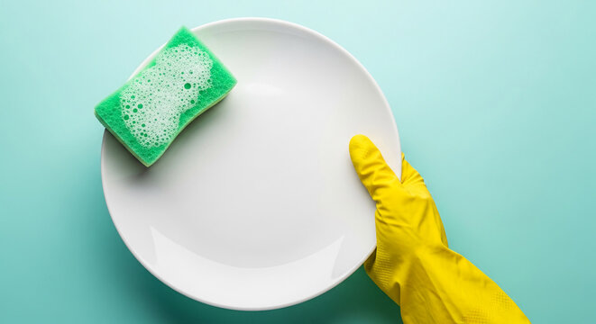 Overhead shot of white plate, green sponge with suds, and yellow gloved hand on light blue surface, representing cleanliness, housework, chore