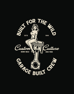 Vintage Pin Up Girl Sitting on Piston with Custom Culture Garage