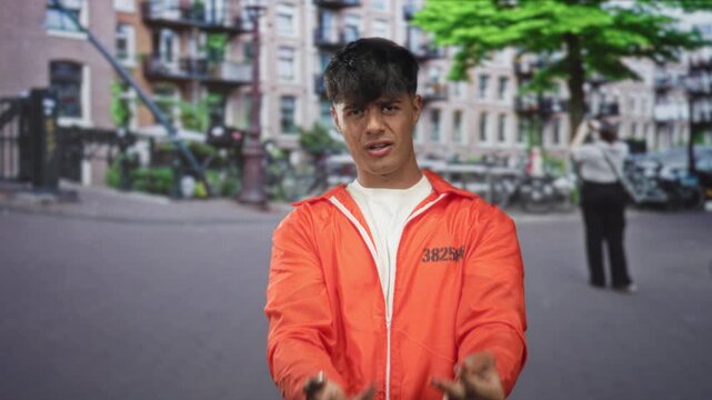 Man prisoner in orange jumpsuit flips middle finger with bare hand on a city street near bicycles and buildings; defiance provocation.