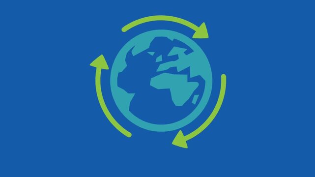 Animated planet earth with circular recycling arrows on a solid blue background