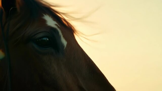 Brown horse with flowing mane gazes into the distance, captured in three sequential frames highlighting its expressive features against a soft sunset backdrop