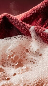 Bubble foam on red towel with soft texture in warm setting  