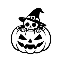 Logotipo con dibujo minimalista de un esqueleto con sombrero de bruja, asomando de una calabaza tallada de Halloween, para su uso en felicitaciones y tarjetas © teracreonte