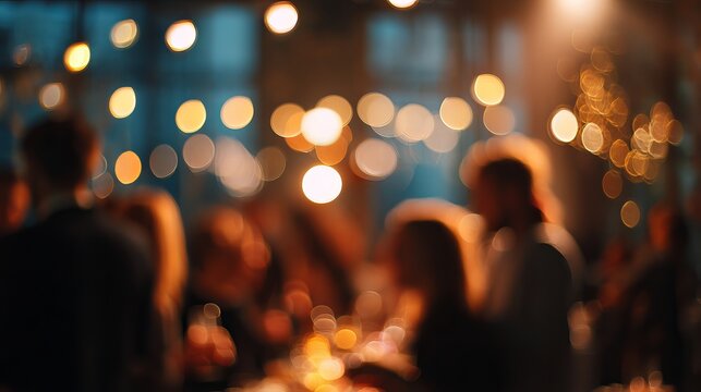 A blurred crowd of people enjoying a night out in a dimly lit room with warm glowing lights