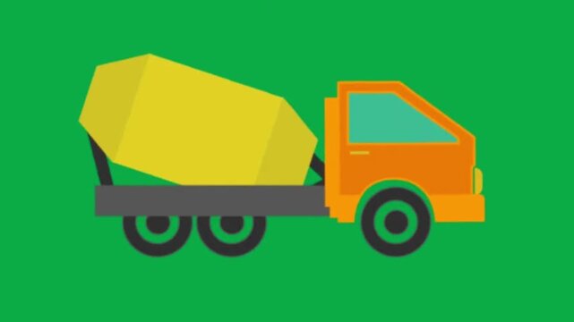 Animated orange concrete mixer truck with rotating drum on green screen background