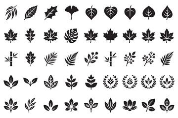 Fototapeta premium Black tree leaves vector set silhouette design elements representing growth and nature. Collection of simple leaf outline icons representing nature and growth minimalist vector graphics. 