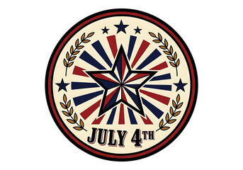 Obraz premium Round patriotic badge with prominent central star and red blue rays background including laurel branches and bold july 4th text for american independence day celebration graphic design art