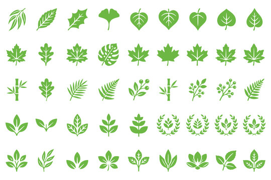 Black tree leaves vector set silhouette design elements representing growth and nature.  Collection of simple leaf outline icons representing nature and growth minimalist vector graphics. 
