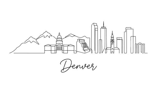 Minimalist Line Art Illustration of Denver City Skyline Featuring Mountains and Iconic Landmarks