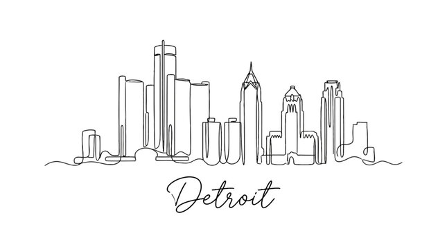 Minimalist Line Art Illustration of the Downtown Detroit Skyline with Artistic Label