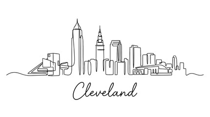 Obraz premium Minimalist monochrome line drawing of the Cleveland city skyline emphasizing iconic skyscrapers and urban landscape features