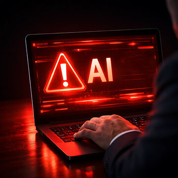 Person using laptop computer displaying red AI warning symbol and exclamation mark on screen.