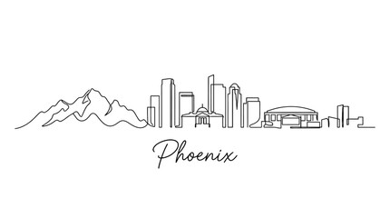 Fototapeta premium Minimalist black and white skyline illustration featuring mountain range and cityscape with elegant script label reading Phoenix