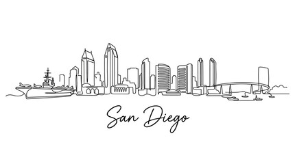 Obraz premium Minimalist Line Art Illustration of San Diego Skyline with Harbor and Signature