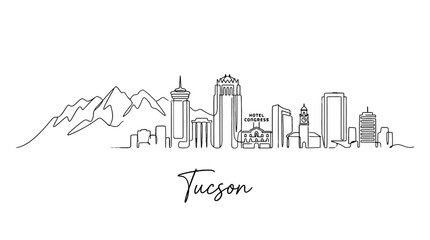 Fototapeta premium Stylized minimalist black and white line drawing of Tucson's city skyline with mountains in the background for modern home decor
