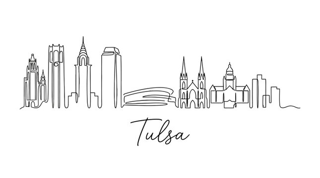 Minimalist Line Art Illustration of Tulsa City Skyline Featuring Iconic Landmarks and Downtown Structures with Elegant Script of