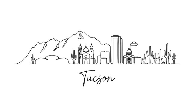 Minimalist line art illustration capturing Tucson's desert cityscape with mountain backdrop and iconic architectural features