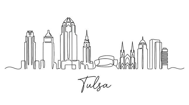 Minimalist Line Art Illustration of the Tulsa Skyline Featuring Diverse Tall Buildings and Cityscape Elements
