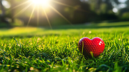 Naklejka premium A single red heartshaped object rests on lush green grass under the warm glow of the sun.