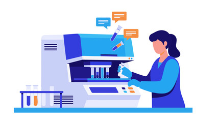 Fototapeta premium A woman in a lab coat operates a scientific machine to analyze samples.