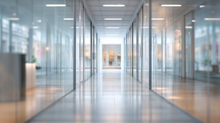 Fototapeta premium A long, modern office hallway with glass walls and a polished floor