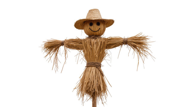 Rustic straw scarecrow with straw hat and smiling face