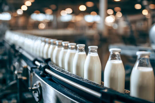Bottles filled with fresh milk moving along an automated conveyor belt system in a modern dairy processing plant with industrial lighting