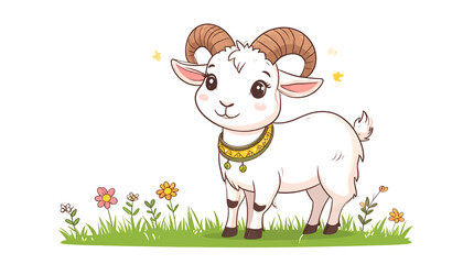 Obraz premium Cute Cartoon Goat Wearing Decorative Necklace in Sunny Meadow