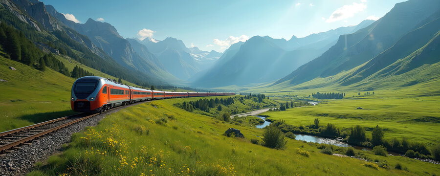 Modern orange train travels on tracks through a green valley surrounded by tall mountains and a winding river under a clear blue sky. Scenic journey in nature.