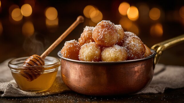 Mini loukoumades tossed in vanilla bean sugar and served alongside a small copper pot of warm honey for dipping, captured in cozy indoor evening lighting