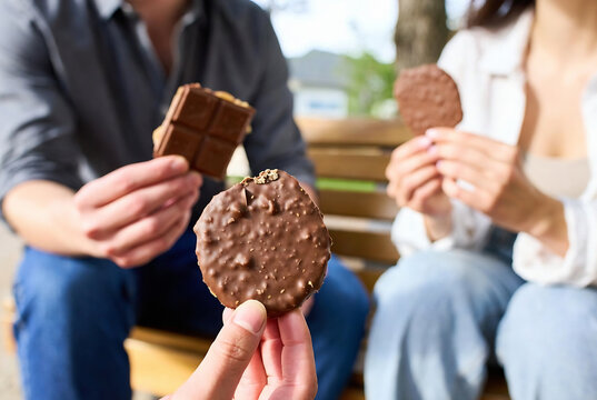 People are enjoying chocolate cookies while sitting on a bench in a park.