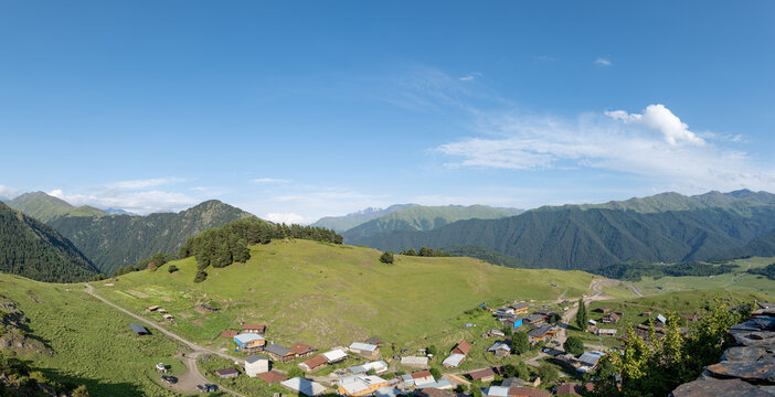 Omalo village landscape, Upper Omalo in Tusheti, Georgia, with Tush towers. Omalo is an ancient village located in a popular hiking area in Tusheti, Georgia