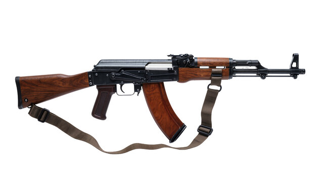 Dark gray AK47 Assault Rifle with Wooden Stock and Shoulder Strap