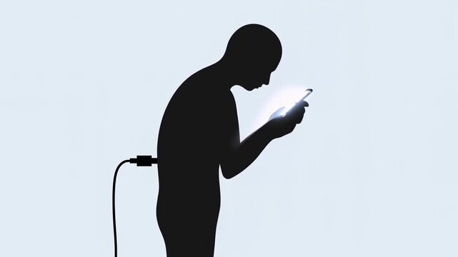 Silhouette Hunched Over Glowing Screen With Cable Highlights Technological Obsession And Fatigue