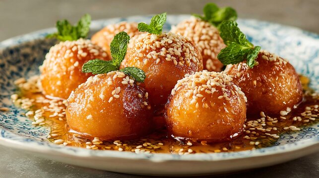 Traditional loukoumades soaked in orange blossom syrup and topped with toasted sesame seeds, arranged on a white porcelain serving platter with scattered mint leaves