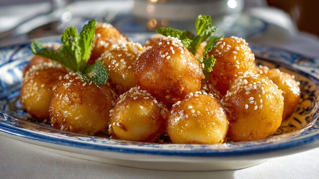 Traditional loukoumades soaked in orange blossom syrup and topped with toasted sesame seeds, arranged on a white porcelain serving platter with scattered mint leaves