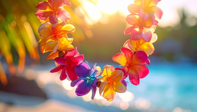 Vibrant flowers adorn a lei against a serene tropical beach background at sunset