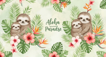 Naklejka premium Cute Sloths in a Tropical Paradise Floral Pattern