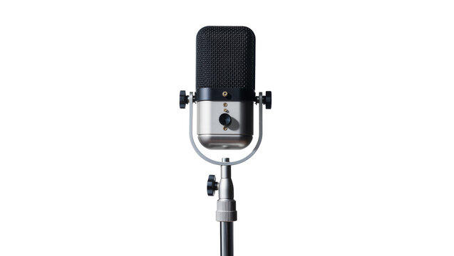 Vintage silver microphone with mesh head on metal stand