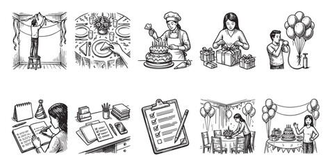Obraz premium A collage of black and white line drawings depicting various aspects of party preparation, including decorating, gift wrapping, cake making, and guest arrival.